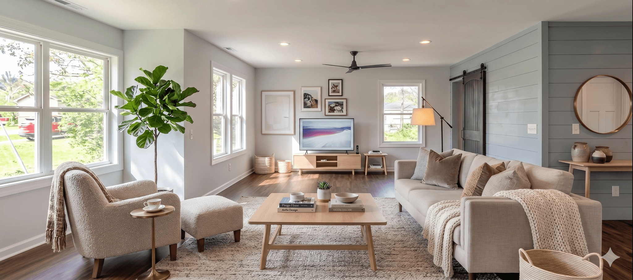 Same living room redesigned in Scandinavian style by Furnish